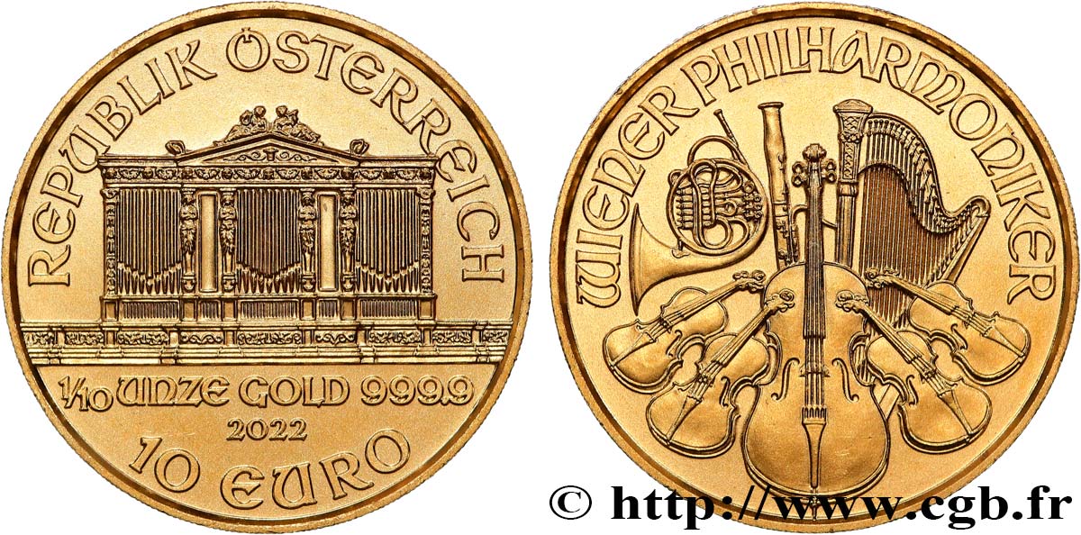 ORO, PALADIO Y PLATINO INVERSIÓN 1/10 Oz - 10 Euro LE PHILARMONIQUE DE VIENNE 2022 SC