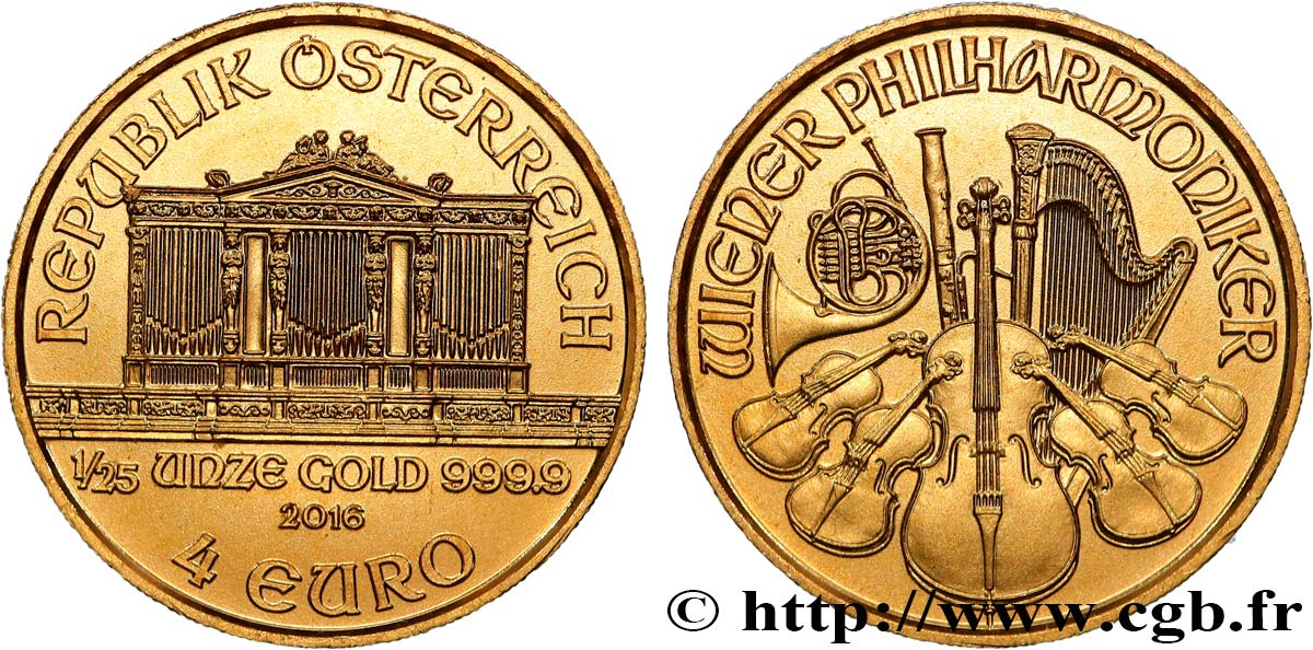 ORO, PALLADIO E PLATINO: INVESTIMENTI 1/25 oz. - 4 Euro LE PHILARMONIQUE DE VIENNE 2016 FDC