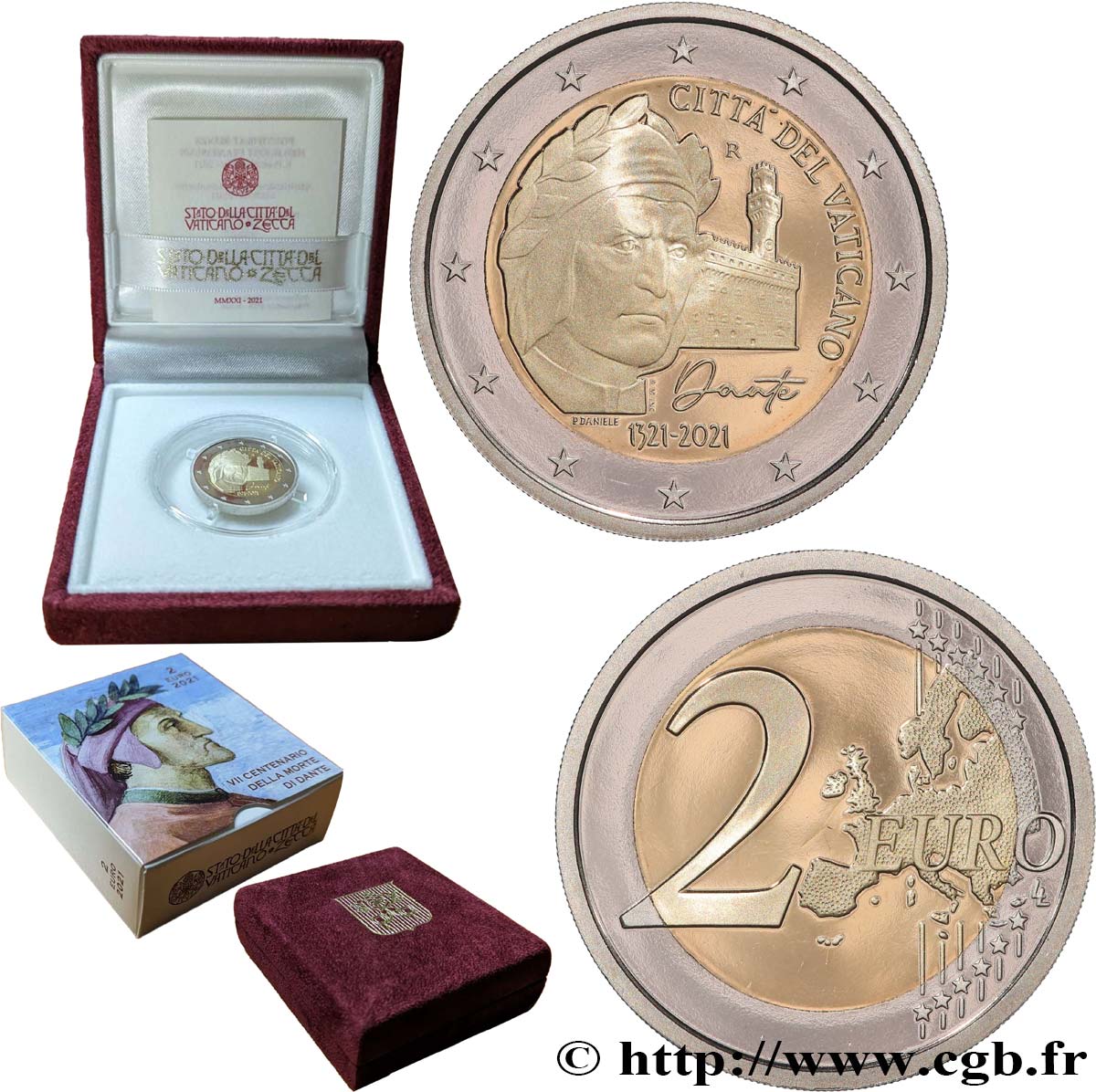 VATICAN Belle Épreuve 2 Euro 700e ANNIVERSAIRE DE LA MORT DE DANTE 2021 Proof set