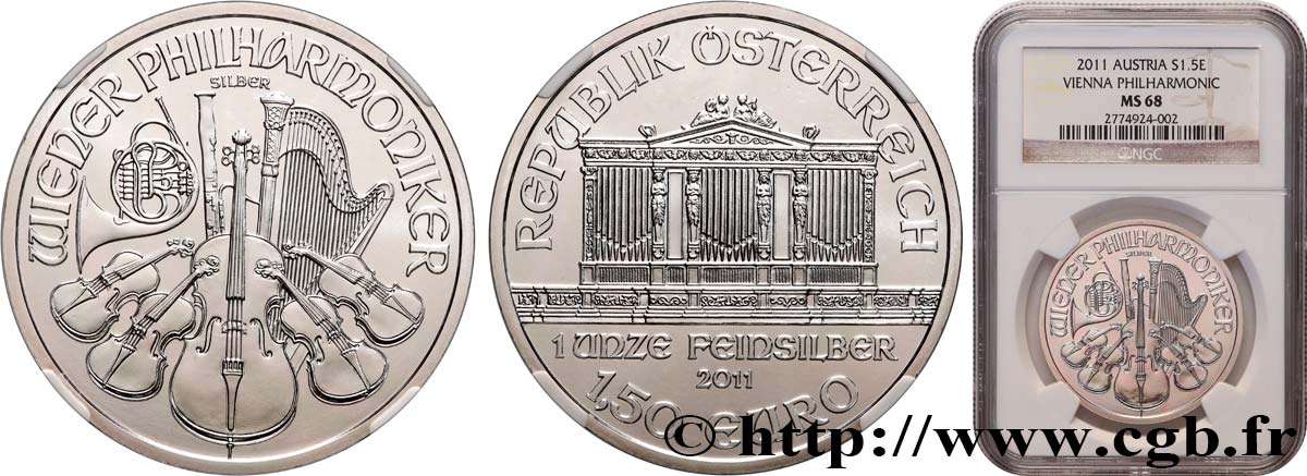 AUSTRIA 1,50 Euro LE PHILARMONIQUE DE VIENNE 2011 MS68