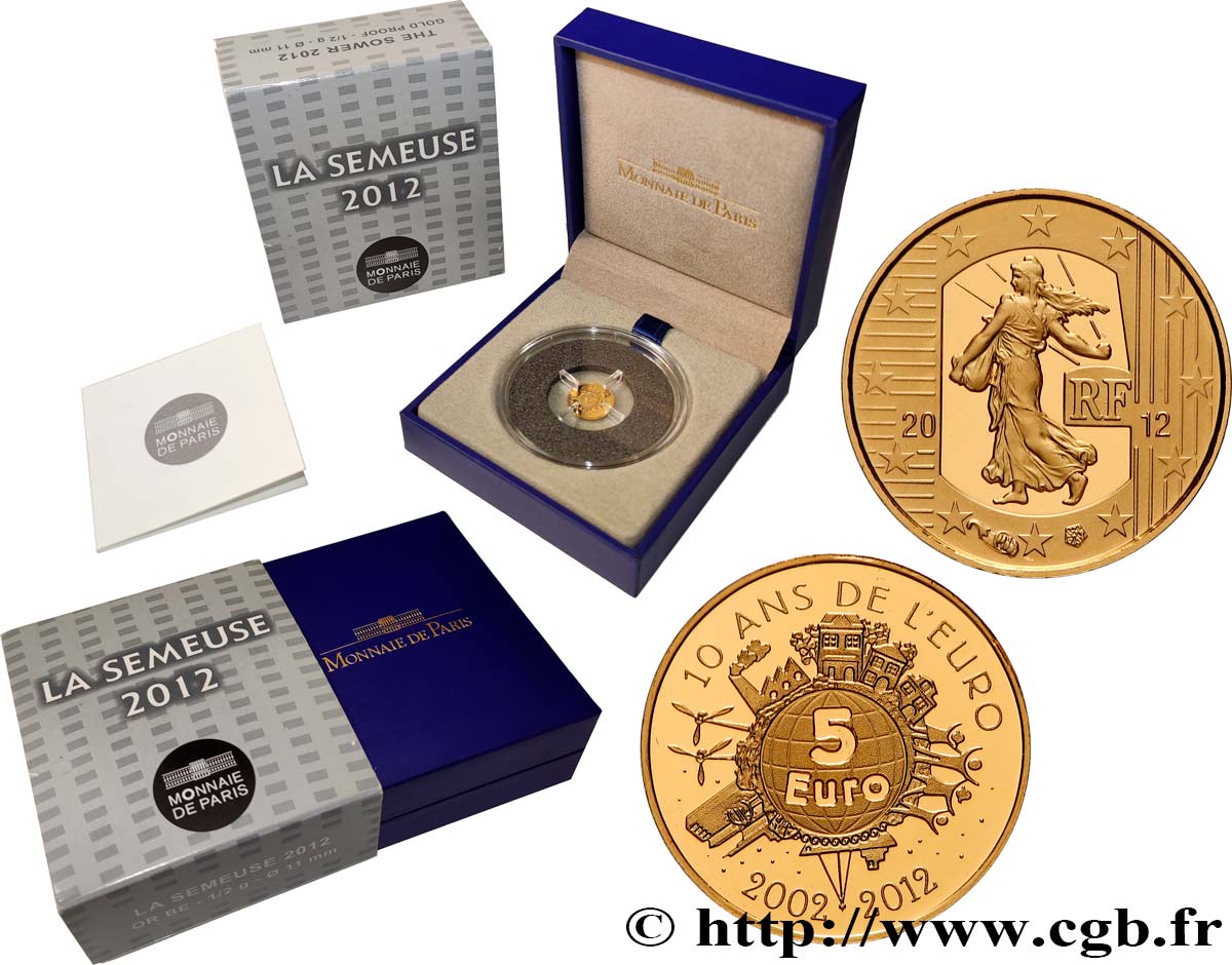 FRANCE Belle Épreuve 5 Euro LA SEMEUSE - 10 ans de l’Euro 2002-2012 (or) 2012 Proof set