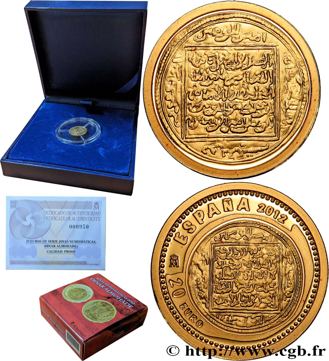 ESPAGNE BELLE ÉPREUVE 20 Euro Denier Almohade Or 2012 BE