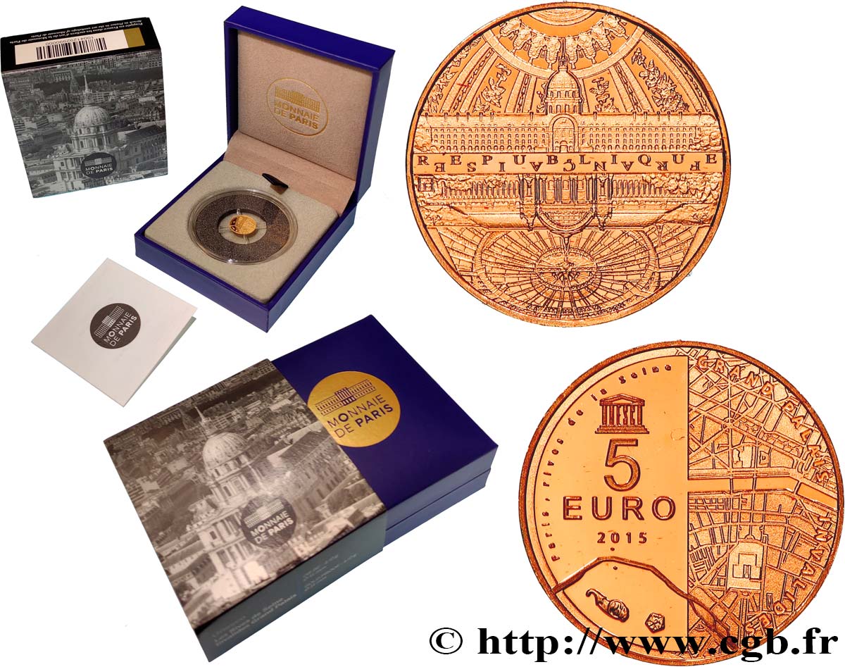 FRANCIA Belle Épreuve 5 Euro UNESCO RIVES DE LA SEINE - INVALIDES ET GRAND PALAIS 2015 BE