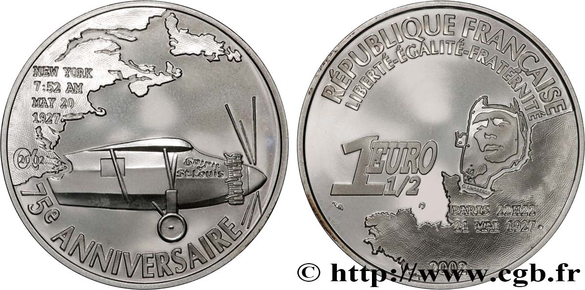FRANCE Belle Épreuve 1 Euro 1/2 75e ANNIVERSAIRE DU 1er VOL AU DESSUS DE L’ATLANTIQUE EN SOLITAIRE 2002 BE