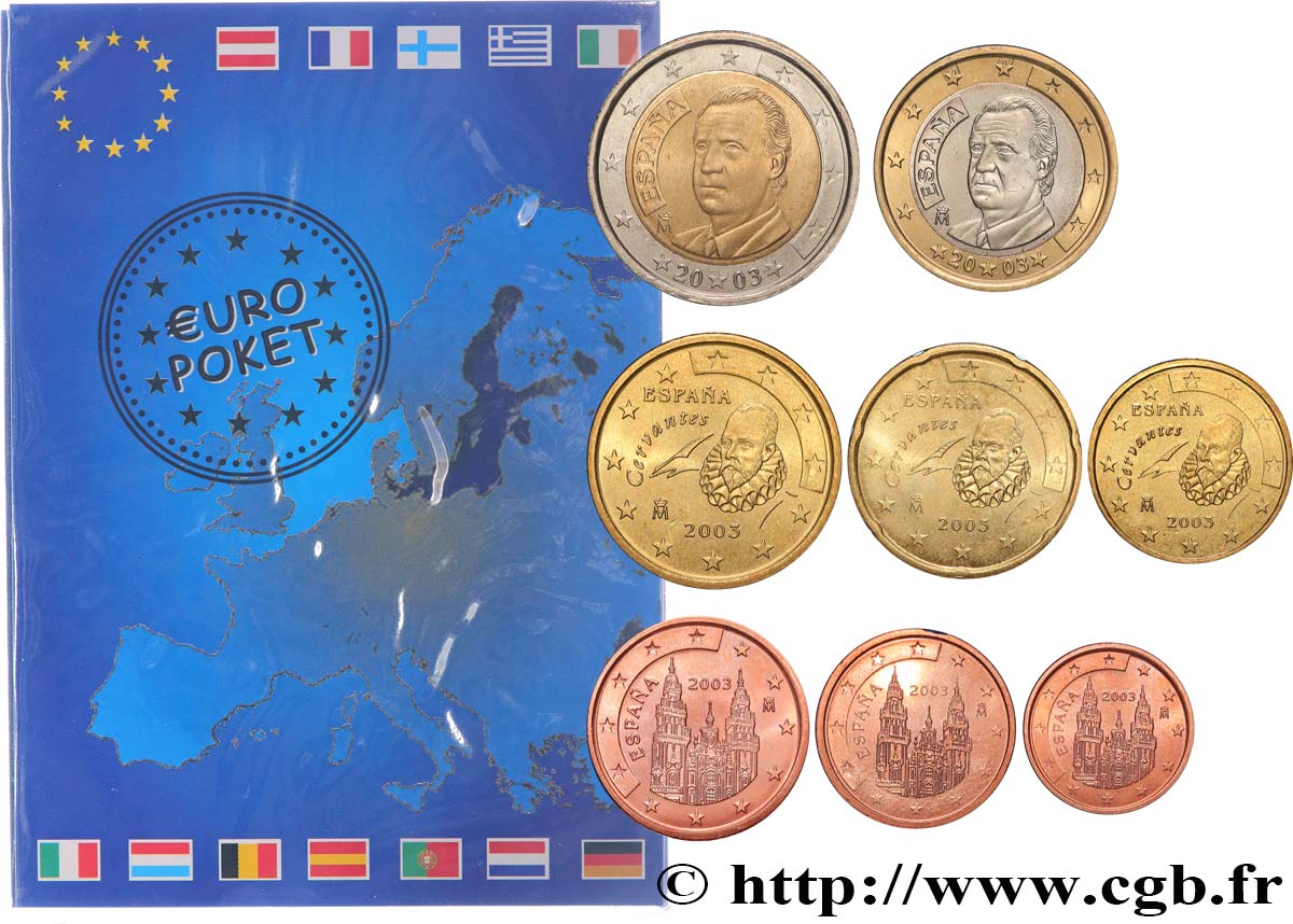 ESPAÑA LOT DE 8 PIÈCES EURO (1 Cent - 2 Euro Juan-Carlos I) 2003 SC