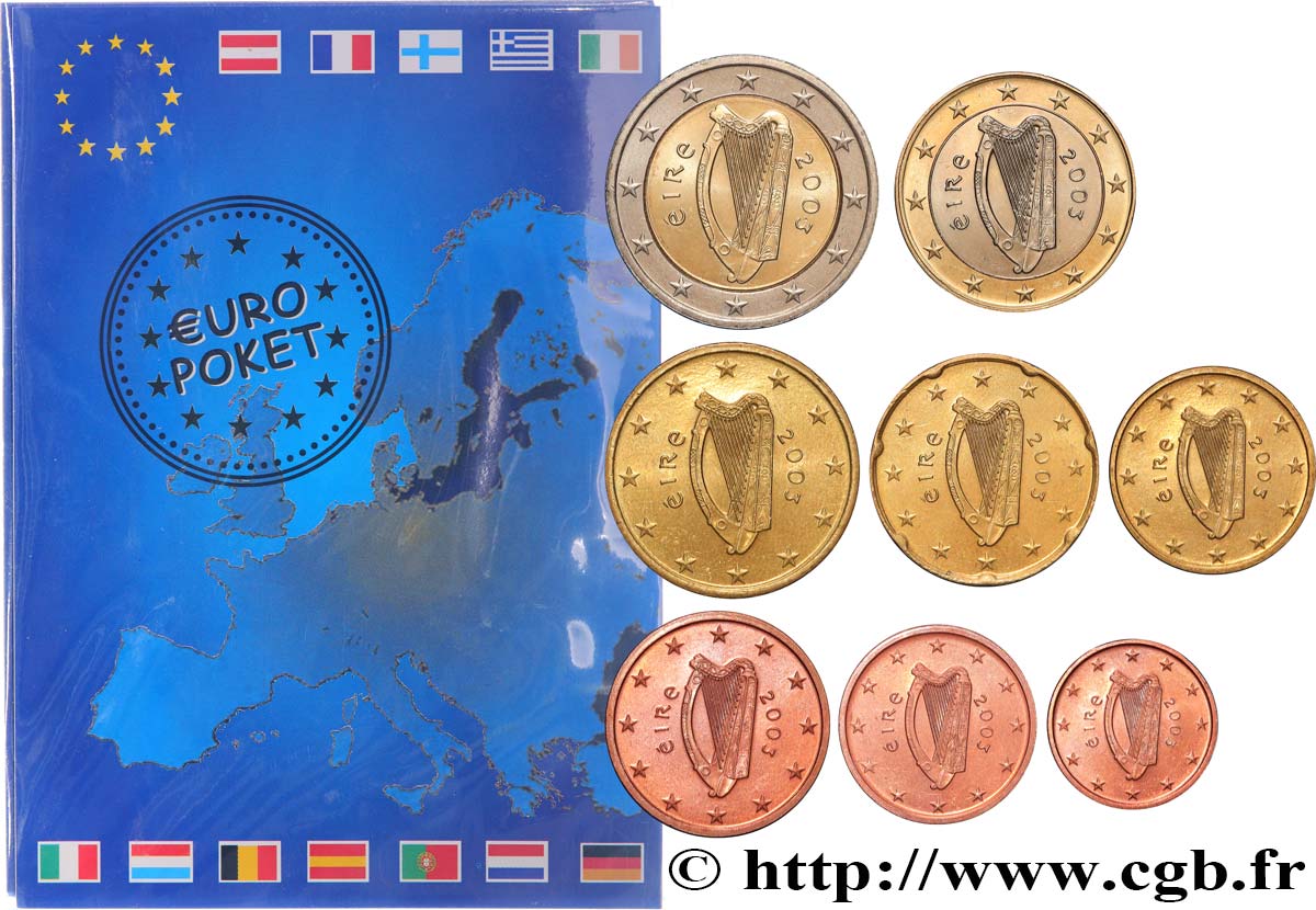 IRELAND REPUBLIC LOT DE 8 PIÈCES EURO (1 Cent - 2 Euro Harpe) 2003 MS