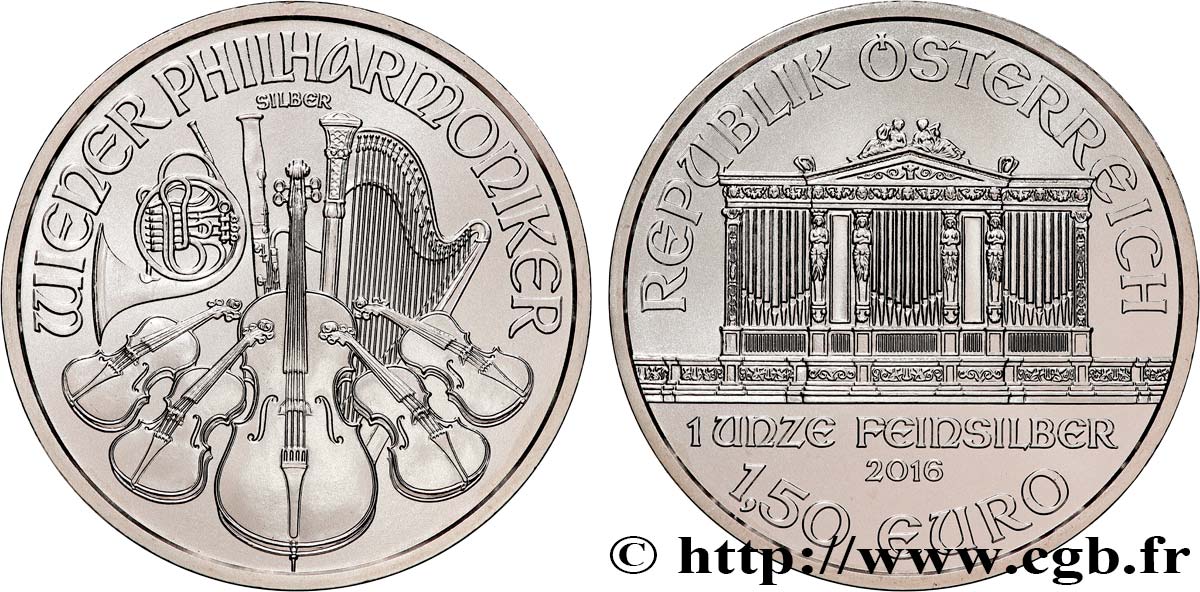 SILVER INVESTMENT 1 Oz - 1,50 Euro LE PHILARMONIQUE DE VIENNE 2016 MS