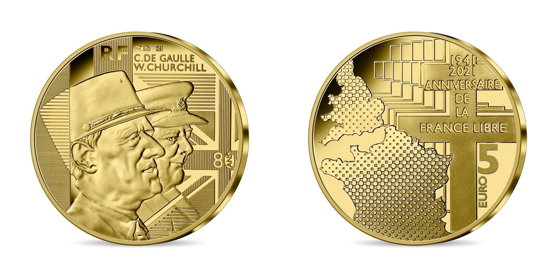 FRANKREICH BELLE EPREUVE 5 Euro (or) CHARLES DE GAULLE & WINSTON CHURCHILL 2021