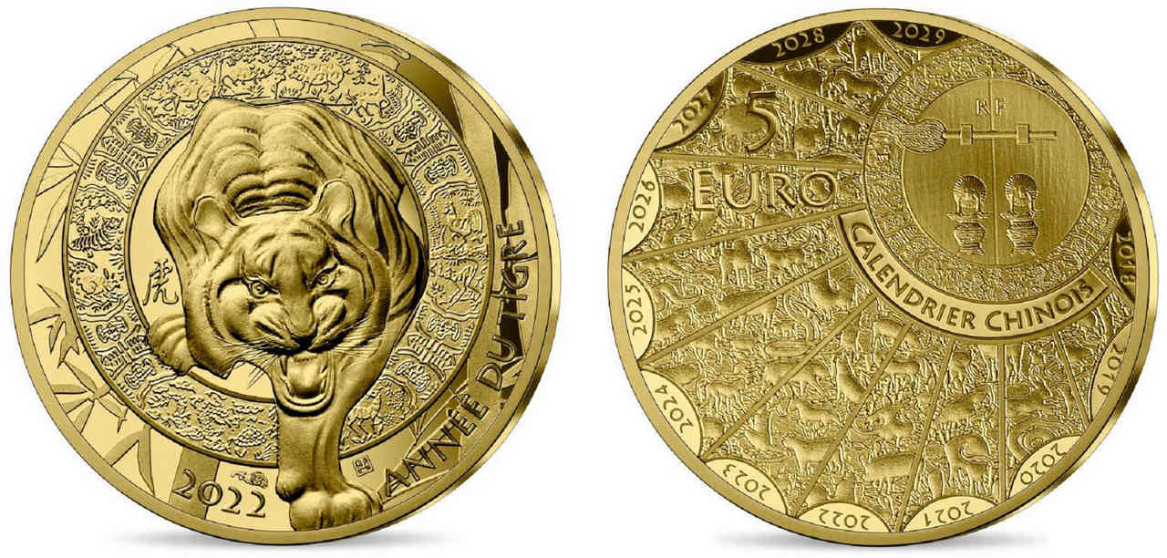 FRANCE BELLE EPREUVE 5 Euro (or) ANNÉE DU TIGRE 2022 BE