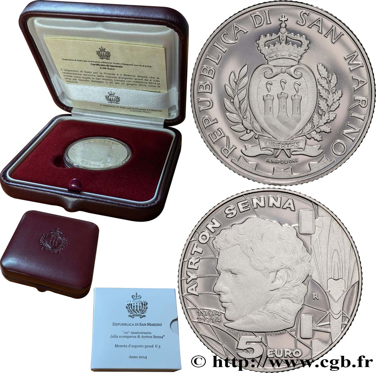 SAN MARINO Belle Epreuve 5 Euro AYRTON SENNA 2014 BE