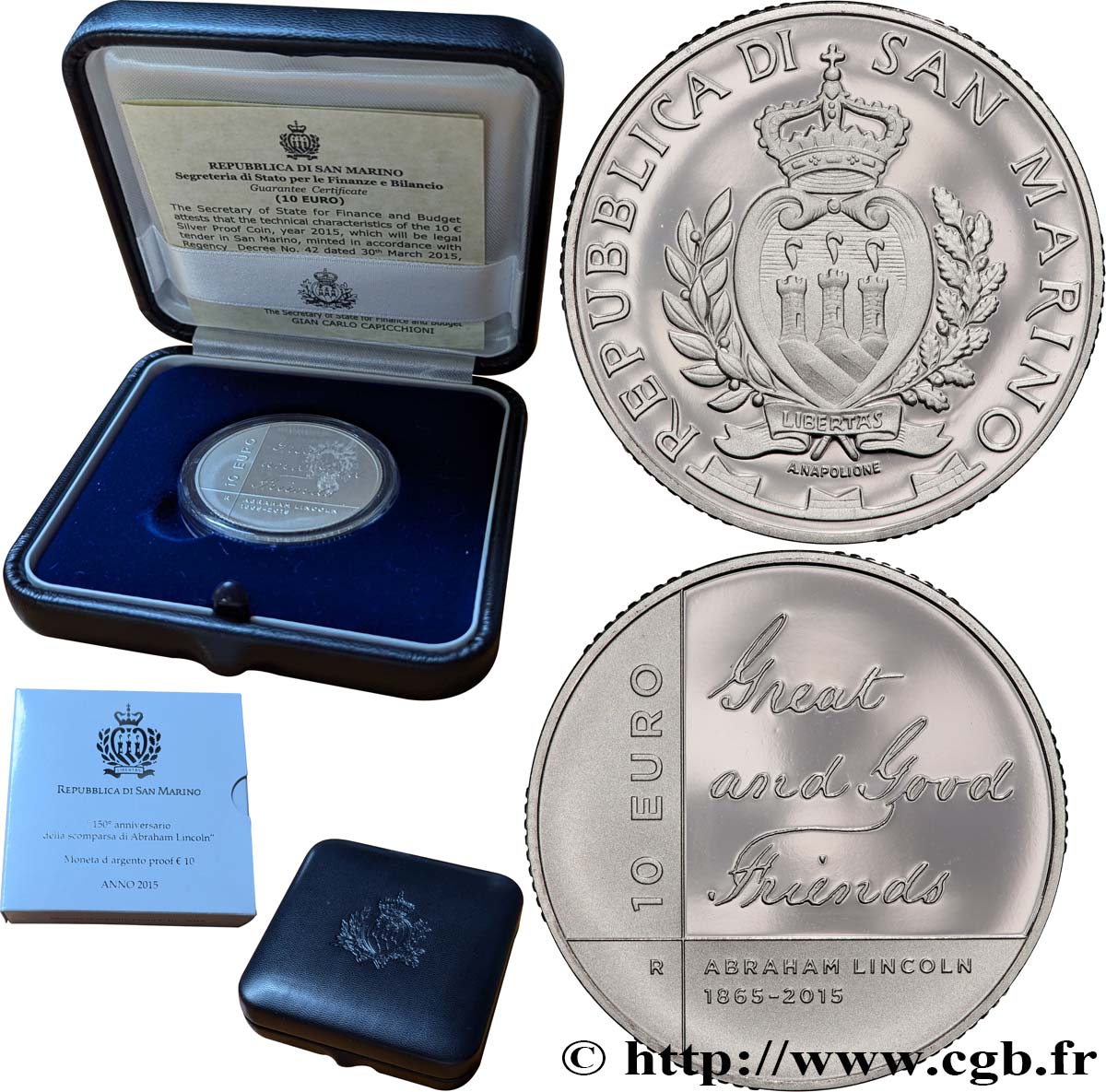 SAN MARINO Belle Epreuve 10 Euro ABRAHAM LINCOLN 2015 Prueba