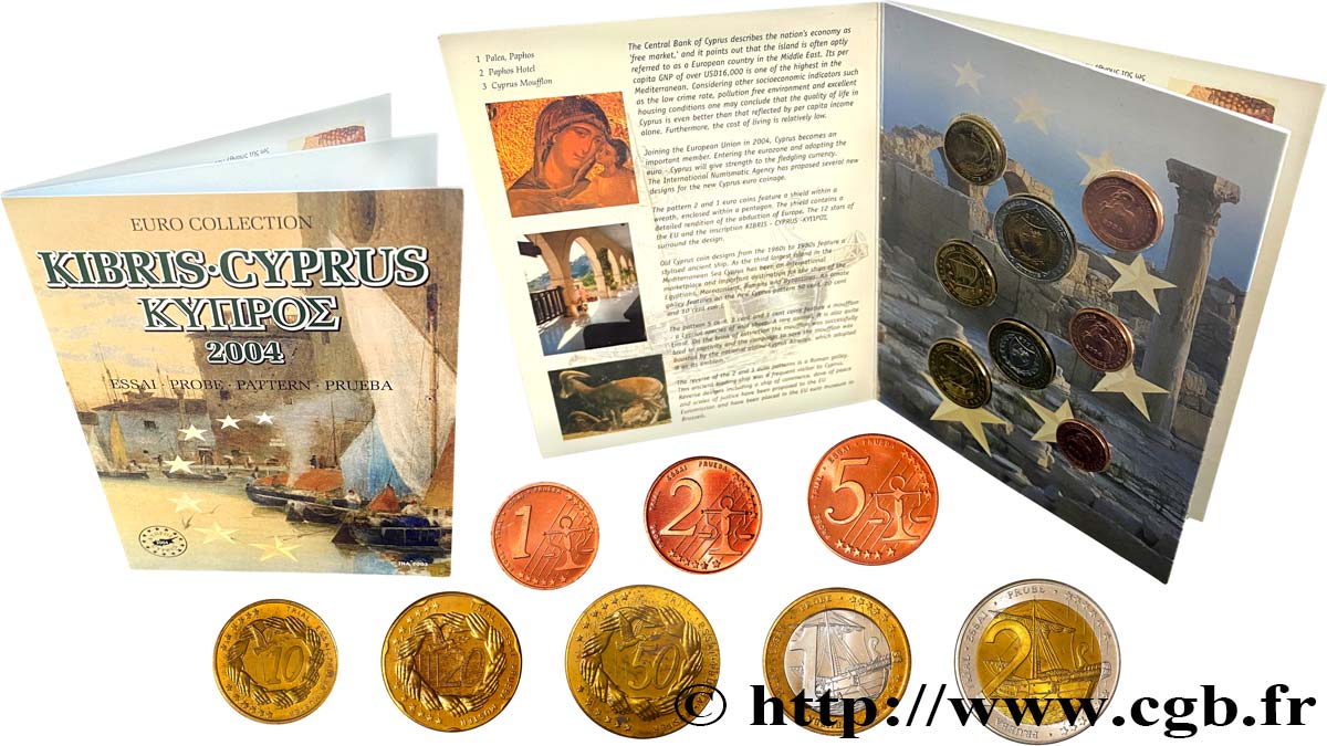 CYPRUS Série 8 médailles, Essai Euros fantaisies 2004 MS