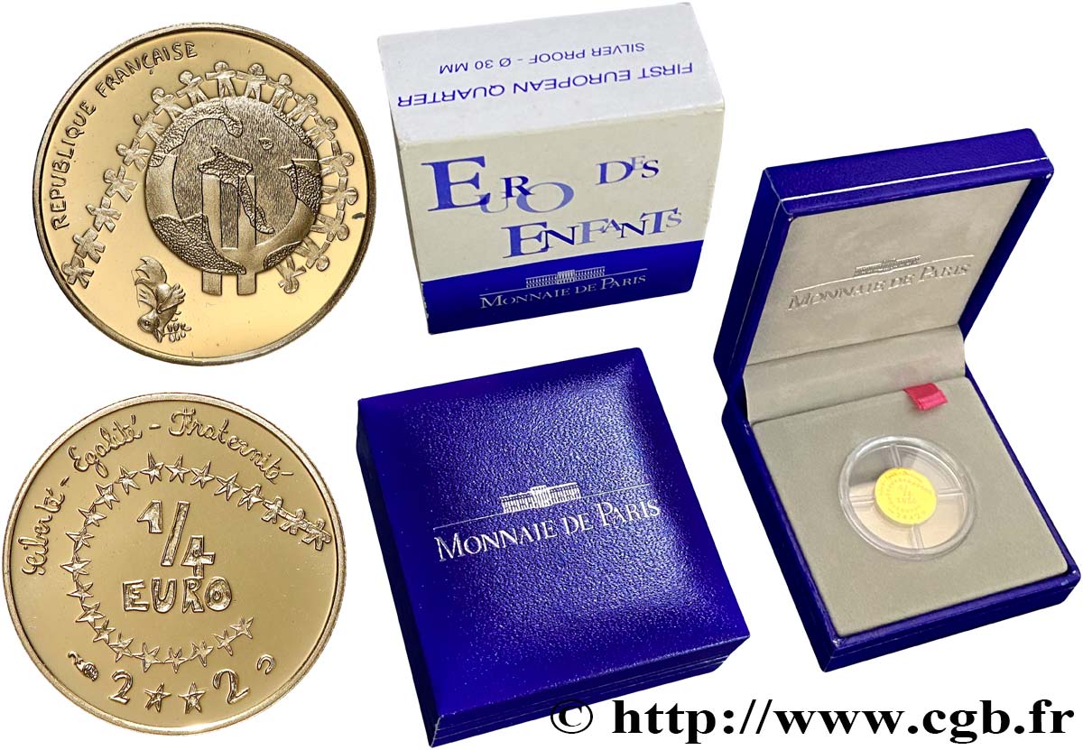 FRANCE Belle Épreuve 1/4 Euro L EURO DES ENFANTS (or) , par les élèves de l école Jean Jaurès à Bort les Orgues (Corrèze) 2002 Proof set