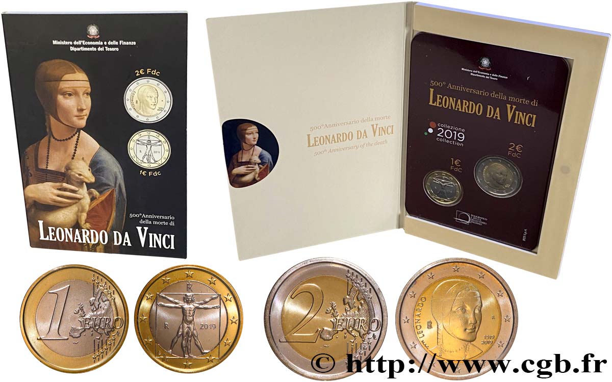 ITALIA BLISTER 1 et 2 Euro LÉONARD DE VINCI 2019 FDC