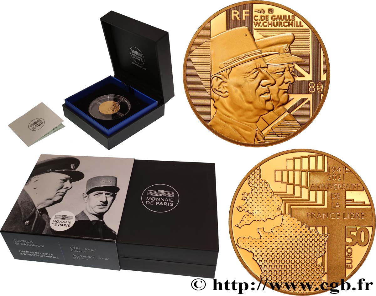 FRANCIA BELLE EPREUVE 50 Euro (or 1/4 Oz) CHARLES DE GAULLE & WINSTON CHURCHILL 2021 Prueba