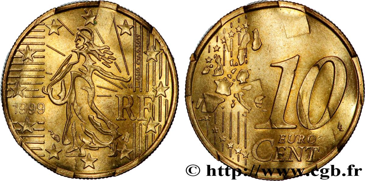 FRANCE 10 Cent Nouvelle Semeuse, premier type (stries fines), difformée 1999 MS