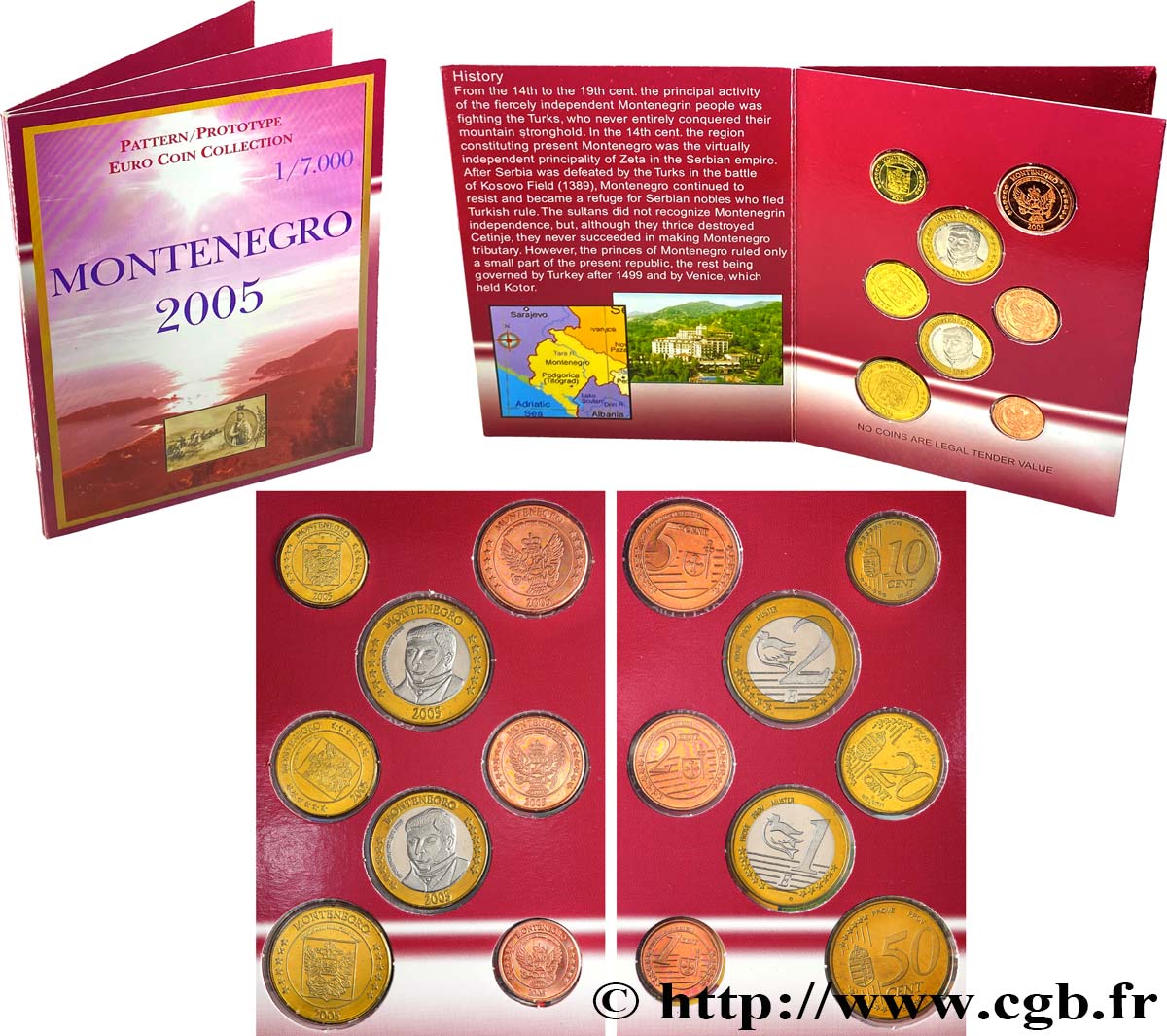 MONTENEGRO Série 8 médailles, Essai Euros fantaisies 2005 MS