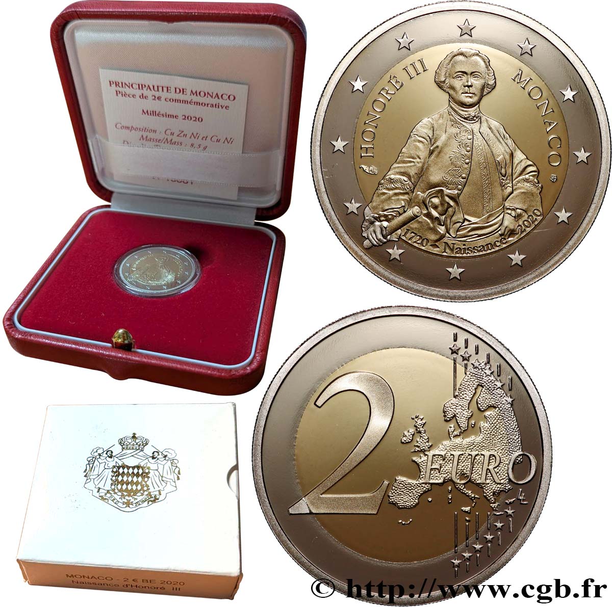 MONACO Belle Épreuve 2 Euro 300e ANNIVERSAIRE DE LA NAISSANCE D’HONORÉ III  2020 Proof set