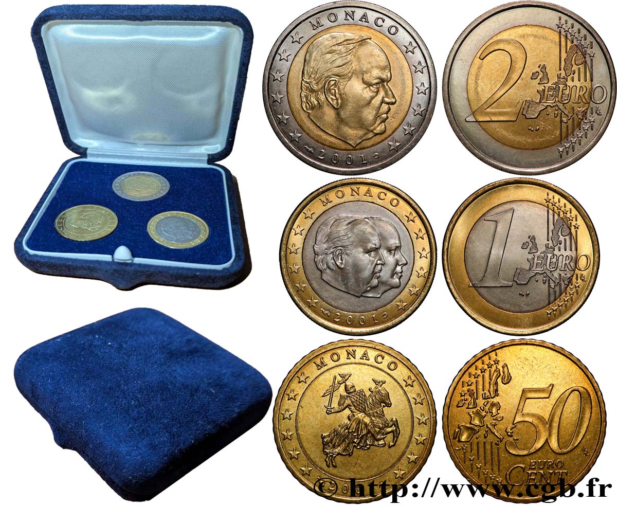 MONACO LOT DE 3 PIÈCES EURO (50 Cent à 2 Euro Prince Rainier III) 2001 MS