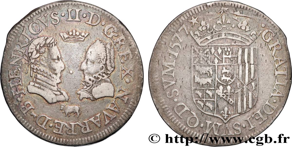 ROYAUME DE NAVARRE ET SEIGNEURIE DE BÉARN - HENRI III DE NAVARRE, II DE BÉARN ET MARGUERITE DE VALOIS Teston fVZ/SS