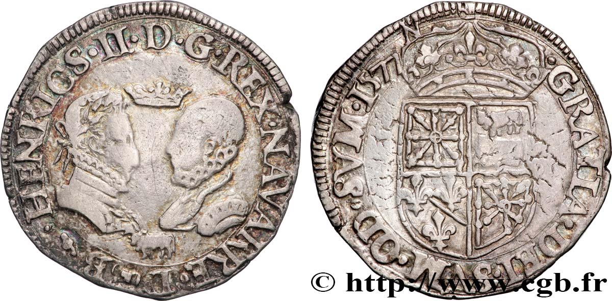 ROYAUME DE NAVARRE ET SEIGNEURIE DE BÉARN - HENRI III DE NAVARRE, II DE BÉARN ET MARGUERITE DE VALOIS Teston SS