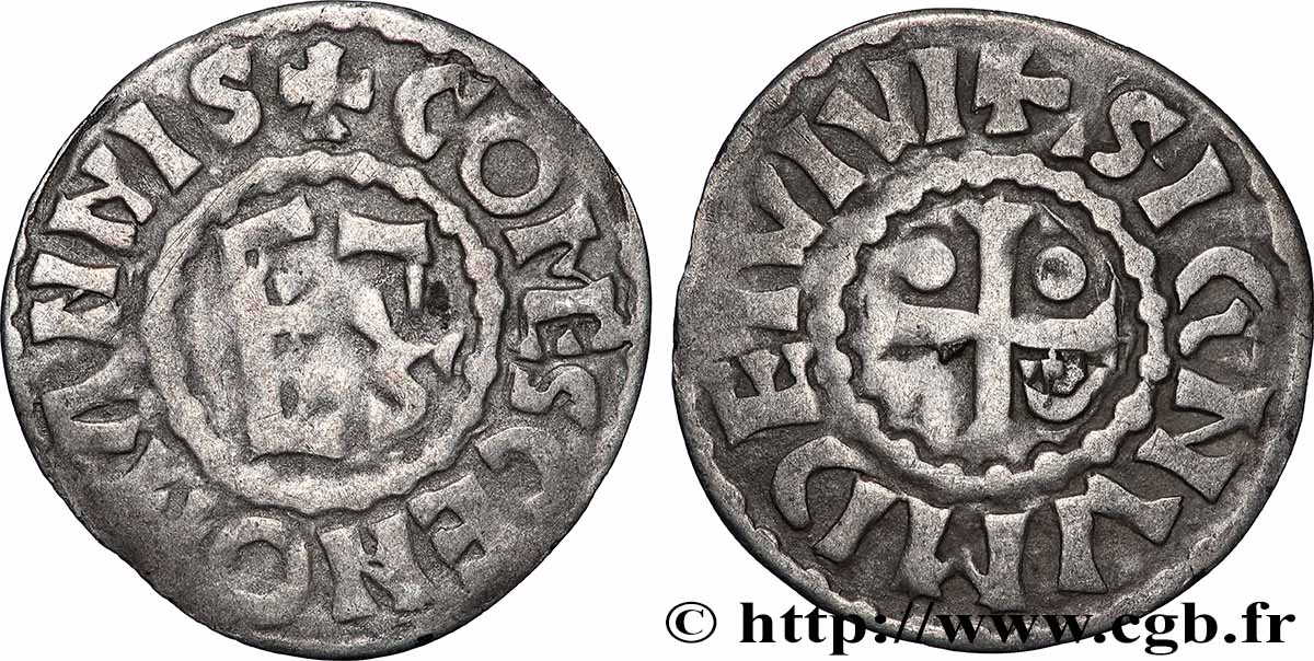 MAINE - COMTÉ DU MAINE - MONNAYAGE D&nbsp;HERBERT Ier ÉVEILLE-CHIEN ET IMMOBILISÉ À SON NOM Denier TTB+