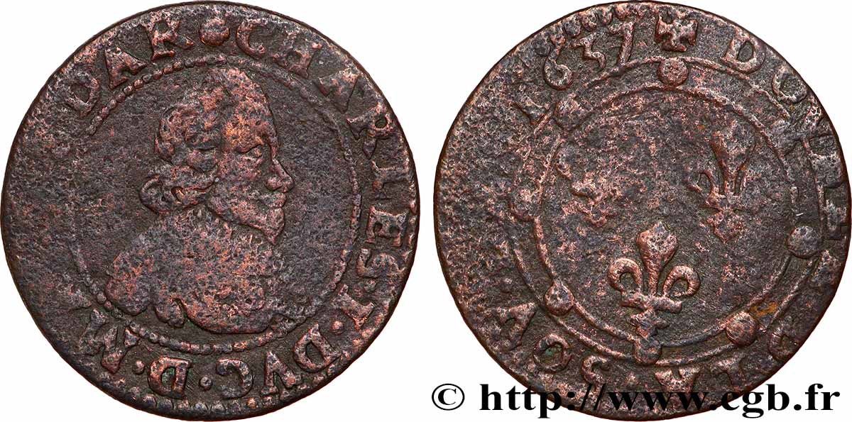 ARDENNES - PRINCIPALITY OF ARCHES-CHARLEVILLE - CHARLES I GONZAGA Double tournois, col en dentelles et trois lis au revers VF