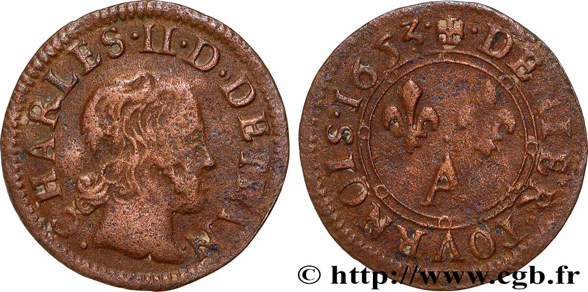 ARDENNES - PRINCIPAUTÉ SOUVERAINE D&nbsp;ARCHES-CHARLEVILLE - CHARLES II DE GONZAGUE Denier tournois, type 3 TB+