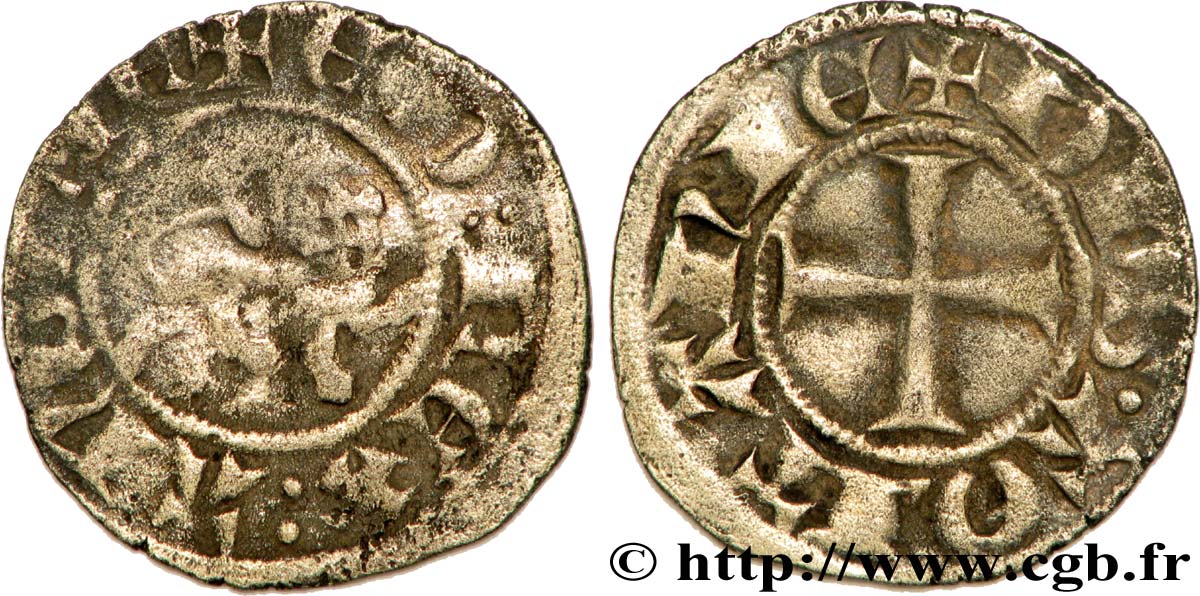 AQUITAINE - DUCHÉ D AQUITAINE - ÉDOUARD III D ANGLETERRE Denier au lion ou petit guyennois noir TB/TB+