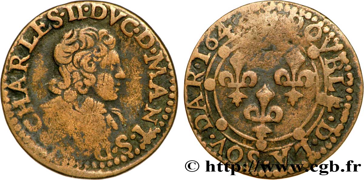 ARDENNES - PRINCIPALITY OF ARCHES-CHARLEVILLE - CHARLES II GONZAGA Double tournois, type 23 VF/XF