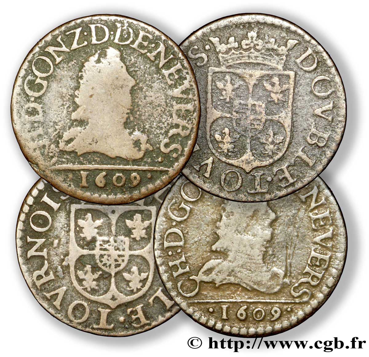 ARDENNES - PRINCIPALITY OF ARCHES-CHARLEVILLE - CHARLES I GONZAGA Lot de 4 doubles tournois, type 3 XF/AU