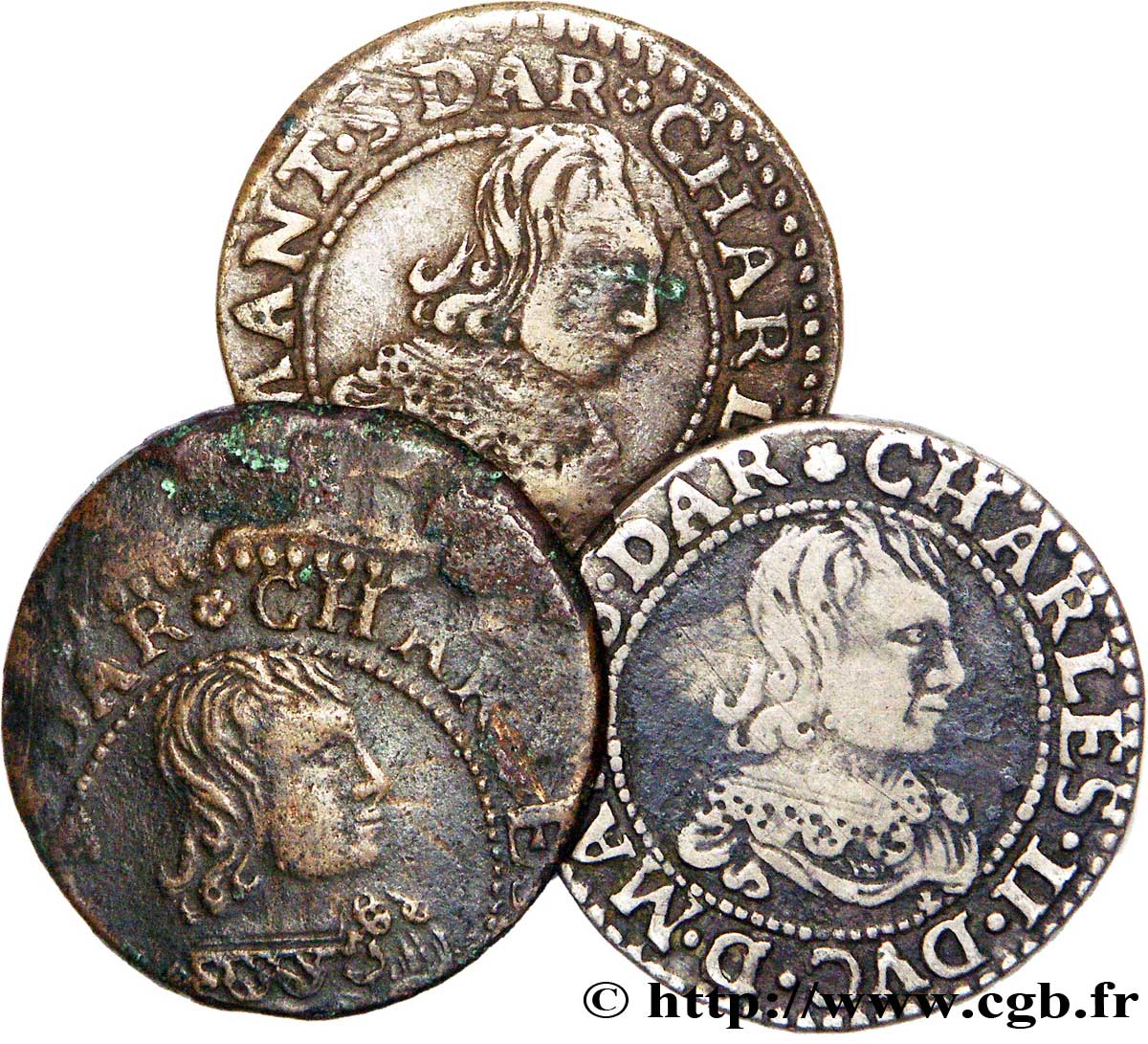 ARDENNES - PRINCIPAUTY OF ARCHES-CHARLEVILLE - CHARLES II OF GONZAGUE Lot de 3 double tournois, type 22 VF