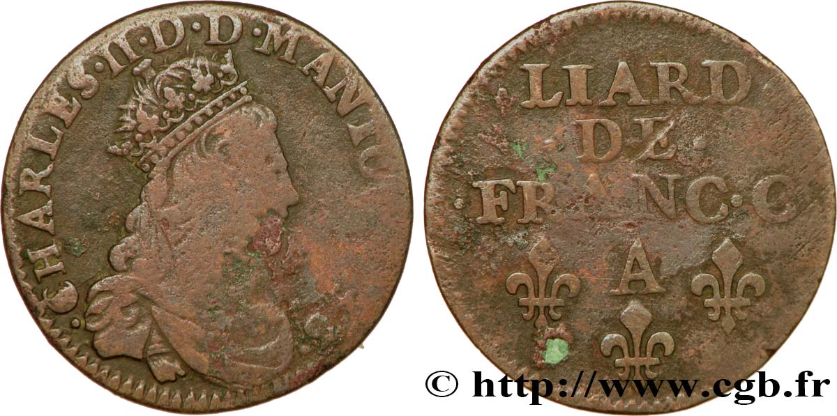 ARDENNES - PRINCIPALITY OF ARCHES-CHARLEVILLE - CHARLES II GONZAGA Liard, type 4 VF