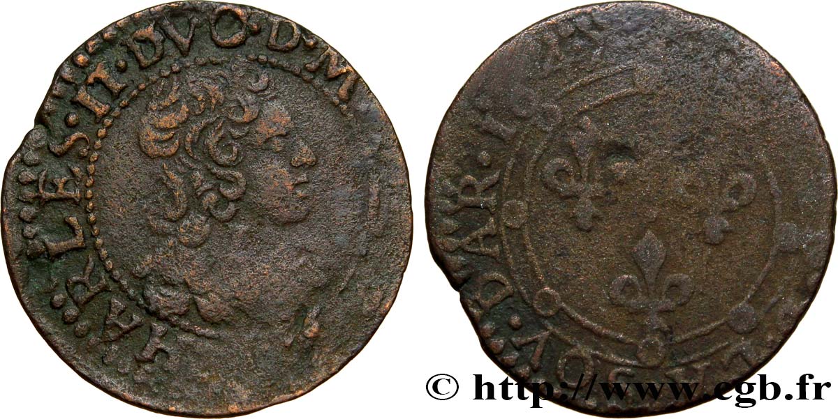 ARDENNES - PRINCIPAUTÉ SOUVERAINE D ARCHES-CHARLEVILLE - CHARLES II DE GONZAGUE Double tournois, type 24 TB/B+