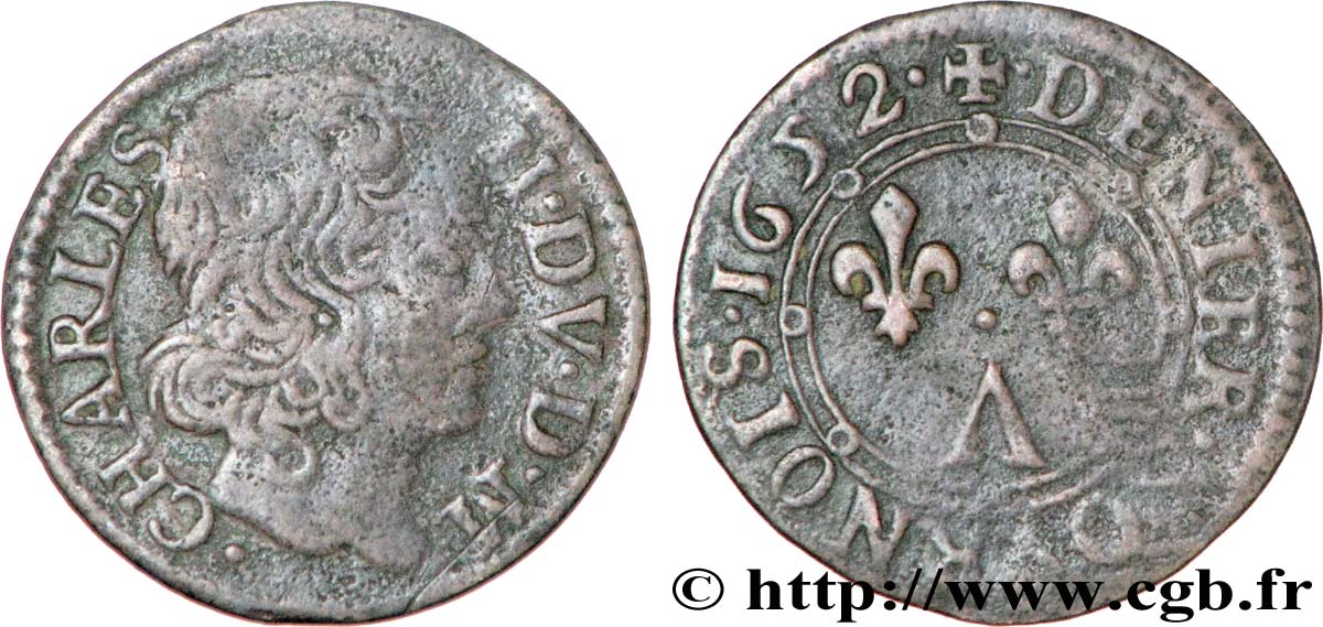 ARDENNES - PRINCIPAUTY OF ARCHES-CHARLEVILLE - CHARLES II OF GONZAGUE Denier tournois, type 2 XF