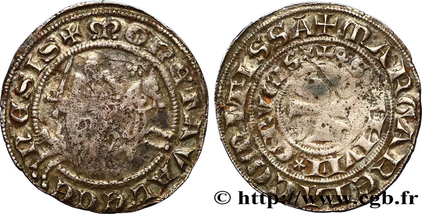 HAINAUT - COMTÉ DE HAINAUT - MARGUERITE DE CONSTANTINOPLE Demi-gros au cavalier ou baudequin TB+