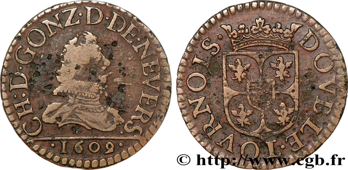ARDENNES - PRINCIPAUTY OF ARCHES-CHARLEVILLE - CHARLES I OF GONZAGUE Double tournois, type 3 fSS