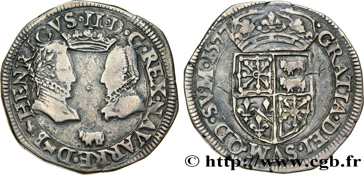 NAVARRE-BÉARN - HENRI III DE NAVARRE, II DE BÉARN ET MARGUERITE DE VALOIS Teston VF/XF