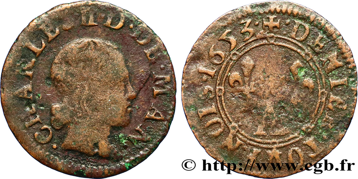 ARDENNES - PRINCIPAUTÉ SOUVERAINE D ARCHES-CHARLEVILLE - CHARLES II DE GONZAGUE Denier tournois, type 3 TB+