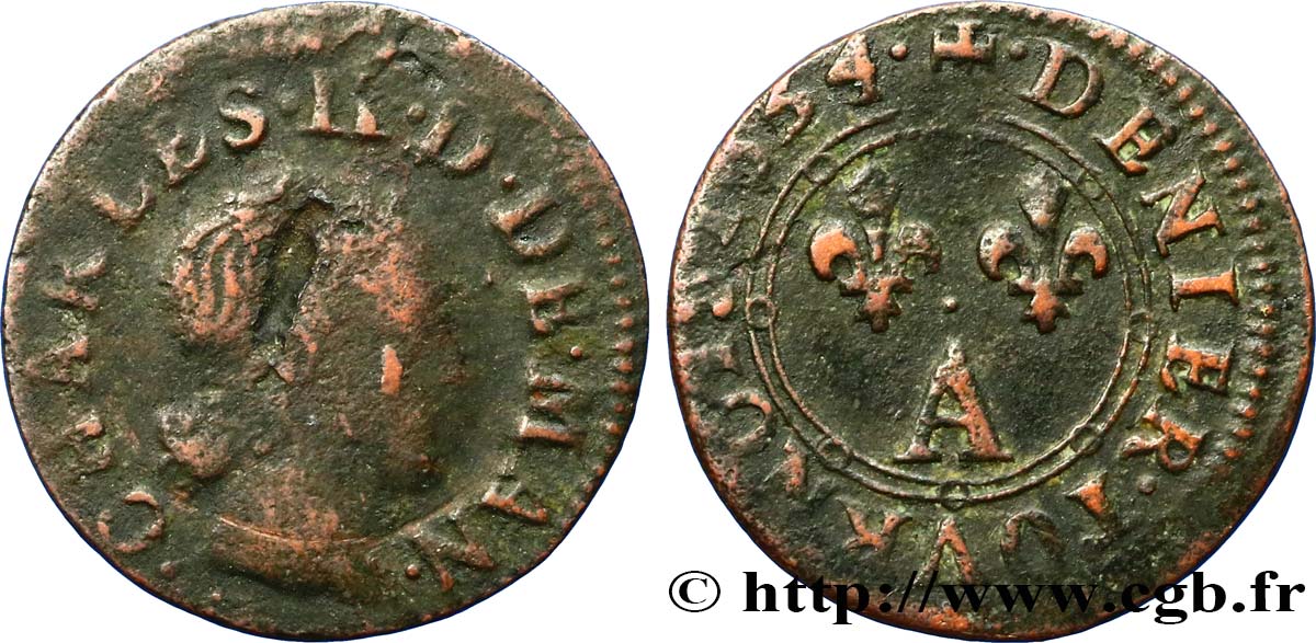 ARDENNES - PRINCIPAUTY OF ARCHES-CHARLEVILLE - CHARLES II OF GONZAGUE Denier tournois, type 3 VF/VF