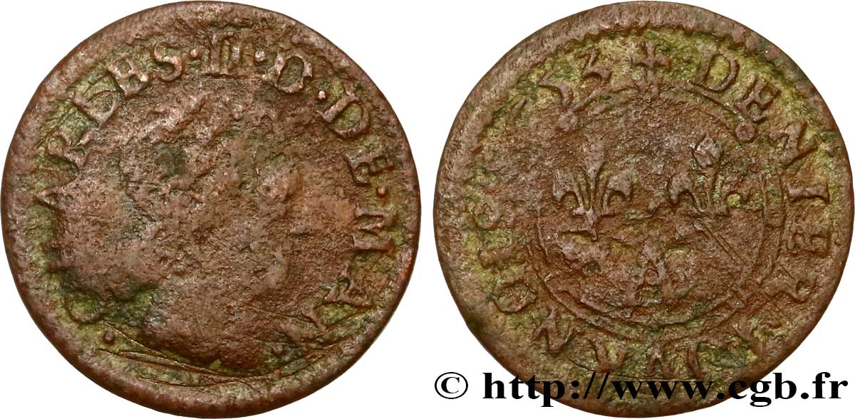 ARDENNES - PRINCIPAUTY OF ARCHES-CHARLEVILLE - CHARLES II OF GONZAGUE Denier tournois, type 3 VG/F