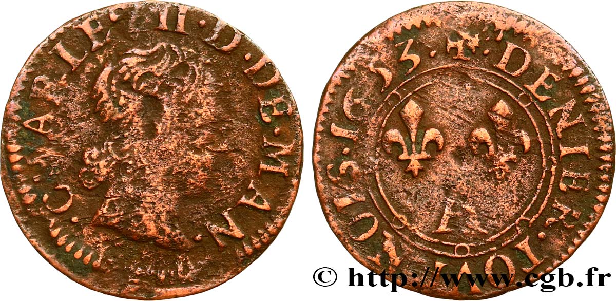 ARDENNES - PRINCIPAUTÉ SOUVERAINE D&nbsp;ARCHES-CHARLEVILLE - CHARLES II DE GONZAGUE Denier tournois, type 3 B/B+