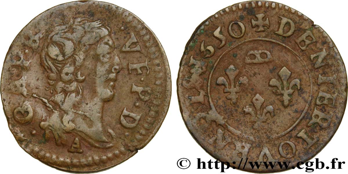 DOMBES - PRINCIPALITY OF DOMBES - GASTON OF ORLEANS Denier tournois, type 9 XF/VF