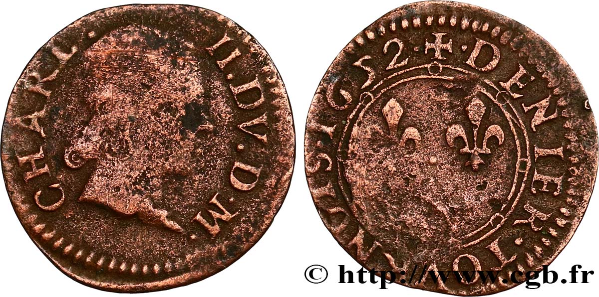ARDENNES - PRINCIPAUTÉ SOUVERAINE D&nbsp;ARCHES-CHARLEVILLE - CHARLES II DE GONZAGUE Denier tournois, type 3 B+