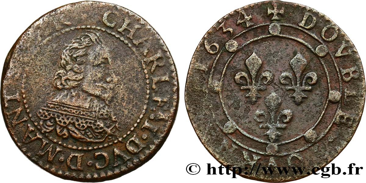 ARDENNES - PRINCIPAUTY OF ARCHES-CHARLEVILLE - CHARLES I OF GONZAGUE Double tournois, large col en dentelles XF