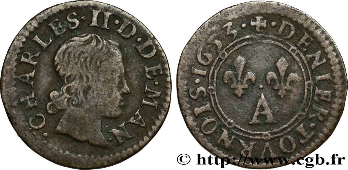 ARDENNES - PRINCIPAUTY OF ARCHES-CHARLEVILLE - CHARLES II OF GONZAGUE Denier tournois, type 3 F/VF