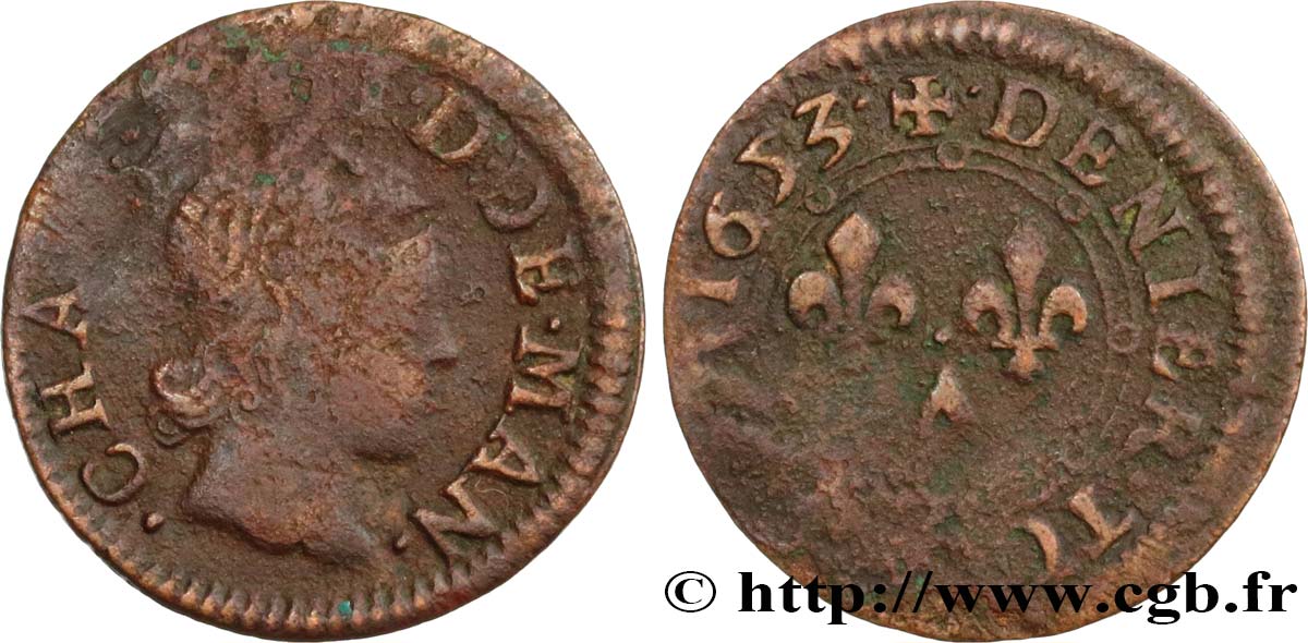 ARDENNES - PRINCIPAUTÉ SOUVERAINE D ARCHES-CHARLEVILLE - CHARLES II DE GONZAGUE Denier tournois, type 3 TB