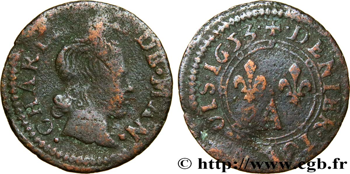 ARDENNES - PRINCIPAUTÉ SOUVERAINE D&nbsp;ARCHES-CHARLEVILLE - CHARLES II DE GONZAGUE Denier tournois, type 3 fS