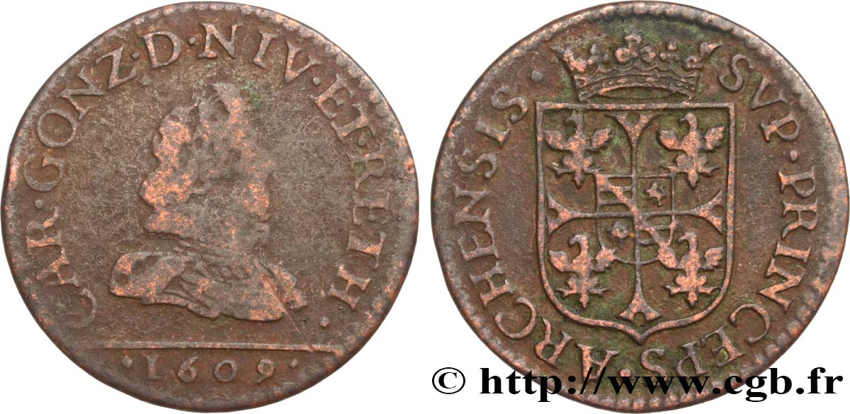 ARDENNES - PRINCIPAUTY OF ARCHES-CHARLEVILLE - CHARLES I OF GONZAGUE Liard, type 3 RC+/BC
