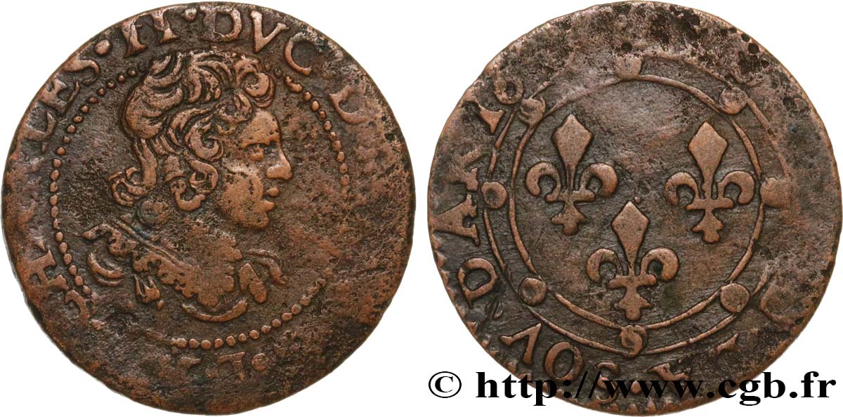 ARDENNES - PRINCIPALITY OF ARCHES-CHARLEVILLE - CHARLES II GONZAGA Double tournois, légende à six heures, 2e effigie VF